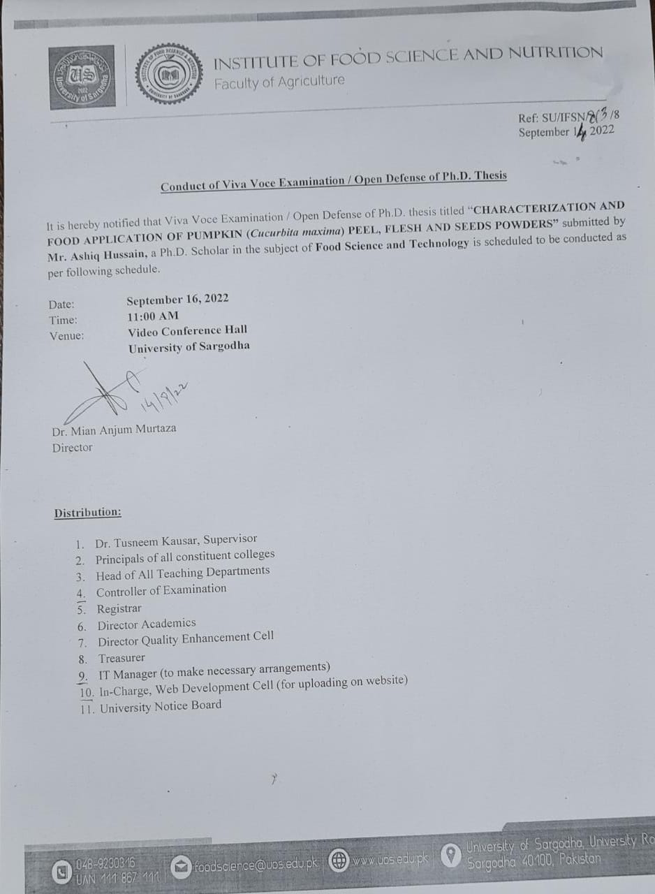 Conduct of Viva Voce Examination / Open Defense of PhD Thesis (Food Science & Technology)